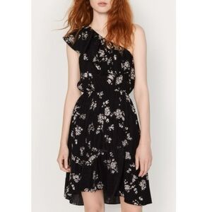 LUCKY BRAND Black Botanical Boho Ruffle Dress One Shoulder Short Sleeve XS